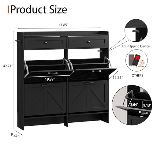 Shoe Cabinet with 4 Flip Drawers & 2 Top Drawers, 43" Tall Freestanding Narrow Wooden Shoe Storage Organizer for Entryway, Hidden Slim Shoe Rack for Front Door Entrance, Hallway, Living Room, Black - color: Black, size: 4 Flip Drawers