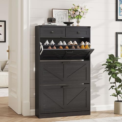 Halitaa Shoe Cabinet with 3 Flip Drawers & 2 Drawers,Freestanding Shoe Storage Cabinet for Entryway,Farmhouse Narrow Slim Organizer Rack for Foyer,Hallway,Black - color: Black, style: 3-Drawers