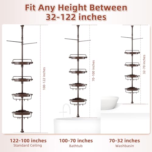 XLHOMO 32-122inch Corner Shower Caddy Tension Pole Brown, Rustproof Drill-Free Shower Shelves for Bathroom Bathtub Washbasin, Adjustable Shower Organizer with 4 Tier Patent Stable Shelves & Towel Bars - color: Brown