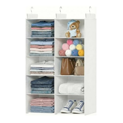 ALLTIDYUP White 5-Tier Hanging Closet Storage Organizer - Space-Saving Dual-Row Foldable Shelves with 3 Hooks, Wardrobe Organizer for Dorm, Bedroom, Clothes and Accessories - color: White, size: 5 Tier