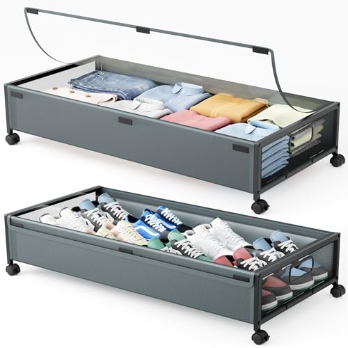 Under Bed Storage Containers with Wheels 2 Pack Underbed Shoe Storage Bedroom Storage Bins Organizer Large Capacity Under Bed Storage with Lid for Clothes Shoes Toys Blankets (Cyan-gray) - color: Gray, size: 2pcs