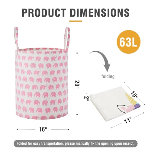 Large Storage Basket for Girls and Boys, Collapsible Laundry Hamper with Long Handles, Toy Bins for Nursery, Kids Room Décor Pink Elephant - color: Pink Elephant, size: 1 Pack