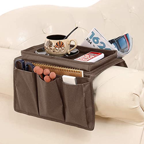 Sofa Armrest Organiser with Cup Holder Tray 6 Pockets TV Remote Control Organizer Sofa Couch Armchair Caddy Organiser Tidy Pocket Hanging Storage Bag Holder for Cellphone Magazine Drinks Snacks - color: Brown