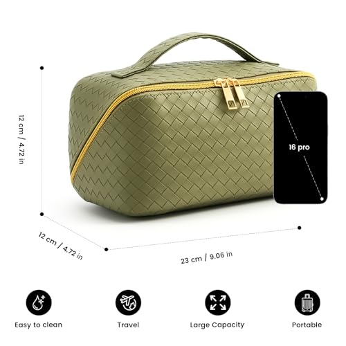 Women's Travel PU Leather Cosmetic Organizer - Large Capacity Toiletry Storage Solution - color: dark green