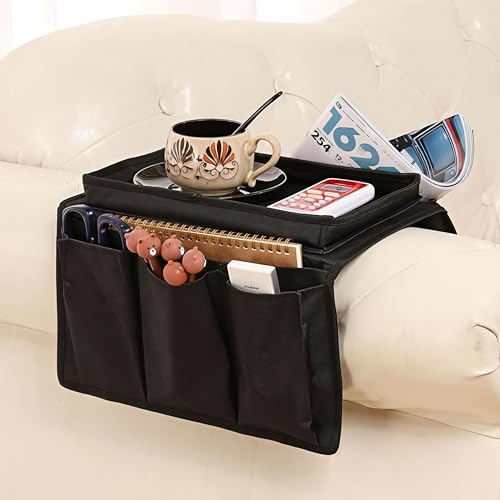Sofa Armrest Caddy with Cup Holder – Non-Slip Couch Organizer with Storage Pockets for Remote Control, Books, Snacks & Drinks | Foldable, Furniture-Safe for Movie Nights & Small Spaces