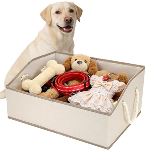 Dog Toy Basket With Handle, Foldable Dog Toy Box for Living Room Area, 20" Basket for Dog‘s Toys, Clothes, Organizers and Storage with Hard Board, Anti-slip for Pet Toys