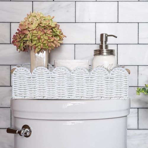 CubesLand Scalloped Edge Toilet Paper Storage Basket, Living Room Home Cozy Decor Basket, Paper Rope Small Baskets for Over Toilet Storage Shelf, End Table, Shelves, with 2 Wooden Handles, White - color: White, size: M - 14"L x 6.3"W x 3.9"H