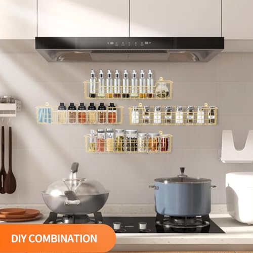 Spice Rack, 4-Pack Seasoning Organizer Wall Mount for Kitchen Storage Organization, Spice Holder Shelf Saving Space for Cabinet, RV, Pantry, Gold - color: Gold-4 Pack