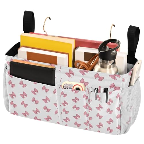 Bedside Caddy Hanging Storage Bag Pink Bows Print Bedside Organizer Caddy for Bunk, Dorm Room, Hospital Beds - Place Magazines / Remotes / Keys