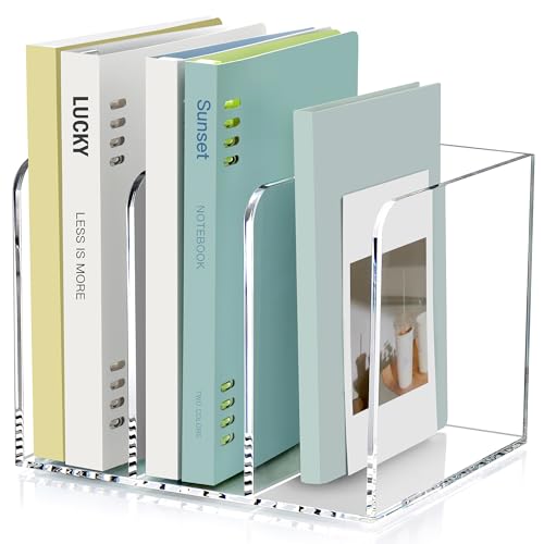 SANRUI Acrylic Magazine Holder Desk Organizer Workspace Sorters，Clear Bookend File Sorter Holder，Folder Rack, Office Accessories Organization Storage with 3 Vertical Compartments - style: B5 File Rack