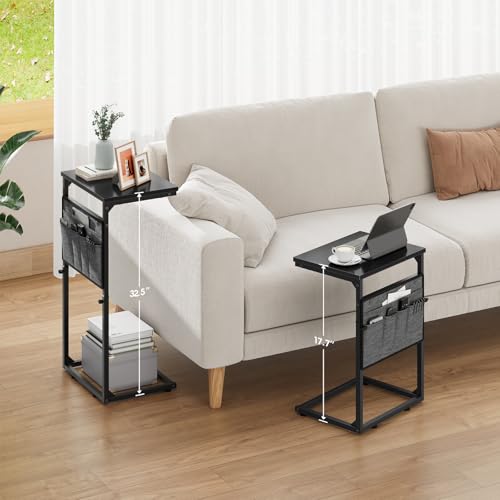 Vagusicc C Shaped End Table, 33'' Tall Side Table for Couch, Adjustable Height Small Couch Side Table for Small Spaces, Couch Table Slide Under Sofa Table TV Tray Table for Living Room Bedroom, Black - color: Black