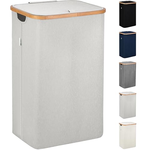 LONBET Laundry Basket with Lid, Made from Breathable Fabric | Aesthetic Clothes Hampers for Laundry with Side Handles & Sturdy Bamboo Frame (26 Gallons - Single, Light Gray) - color: Light Gray, style: 26 Gallons - Single