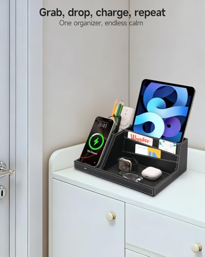 Valet Tray, Built in Wireless Charging Pad, Nightstand Organizer, Dresser Organizer, Mens Jewelry Box, Valet Charging Station, Faux Leather Valet Tray for Men and Women (Black+Wireless) - color: Black