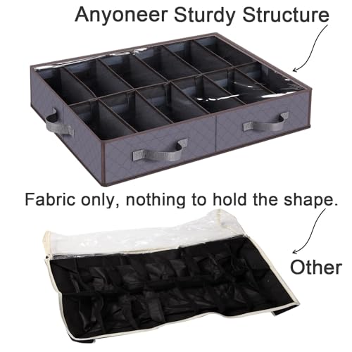 Under Bed Shoe Storage Organizer, Set of 2, Sturdy Structure, Adjustable Dividers, Reinforced Handle, Sturdy Zipper, Underbed Storage Solution with Clear Window, Breathable, Gray - color: Gray, size: 2 Pack Gray