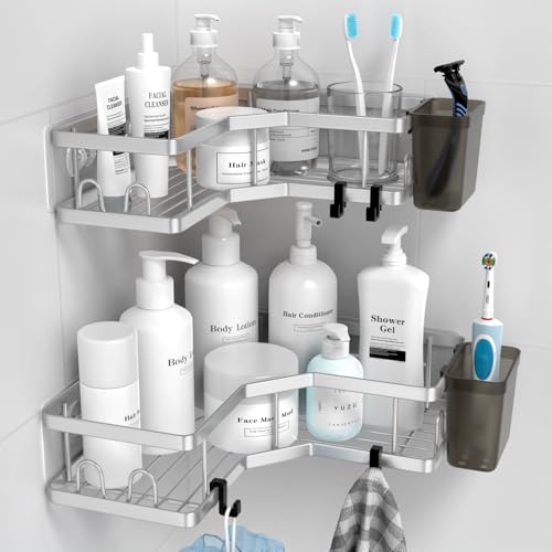 AKTECKE Corner Shower Caddy Shelf Rack: 2 Pack Adhesive Shower Organizer Essentials - No Drilling Stainless Steel Bathroom Storage Rack with Hooks and Toothpaste Holder - color: bright silver, size: 9.6"×9.6"×2.6"