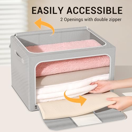 Clothes Storage Bins with Metal Frame Foldable Storage Box Clothes Organizers Storage Containers for Clothes Sheets Blankets Books Toys Gifts and Holiday Decorations (100Lx3 Pack) - color: Light gray, size: 100L(23.6''X16.5"X15.7")