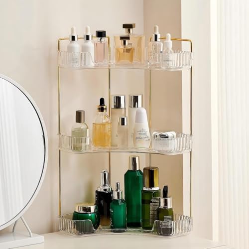 Ceruaxb 3-Tier Corner Bathroom Counter Organizer, Plastic Countertop Makeup Organizer, Large Capacity Vanity Bathroom Perfume Shelf Rack for Kitchen Office Desktop (Clear) - color: Clear