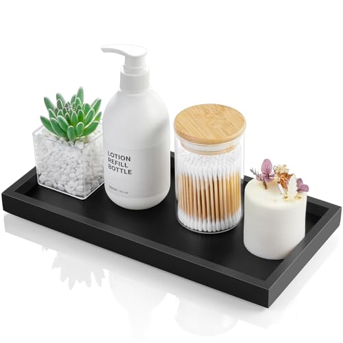 ALELION 11.7" Bathroom Vanity Tray for Counter - Black Wood Decorative Tray for Toilet Tank Makeup Perfume Jewelry Catchall Coffee Table - Wooden Kitchen Countertop Organizer for Soap Dispenser - color: Black, size: 6" x 0.8" x 11.7"