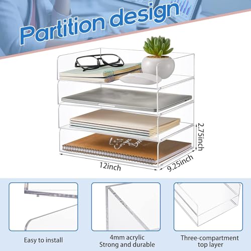 Harloon 4 Tier Paper Organizer Letter Tray Acrylic Desk File Organizer Heavy Duty Stackable Documents Clear Letter Paper Holder Sorter Office Tray for A4, Office Classroom Home File Pad Notebooks - color: Transparent, size: 12.4 x 8.7 x 2.7 Inches