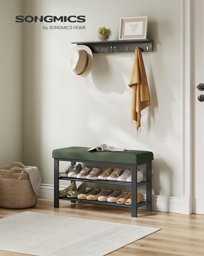 SONGMICS Shoe Bench, Storage Bench, Entryway Bench with Cushion, Shoe Shelf with Seat, Space-Saving, Modern Style, for Living Room, Bedroom, Hallway, Forest Green and Ink Black ULBS057C01 - color: Forest Green + Ink Black, size: 31.9"W