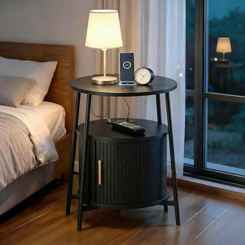Round End Tables with Drawer: Fluted Side Table with Charging Station, Mid-Century Modern Nightstand with Sliding Door for Small Space Storage, Living Room, Bedroom - color: Black, size: 1 PACK