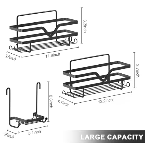 Shower Caddy 3 Pack - Shower Organizer Shelves Rack Rustproof No Drill Self Adhesive Shower Caddies with Soap Dish & Side Hooks for Bathroom Kitchen Storage, Black