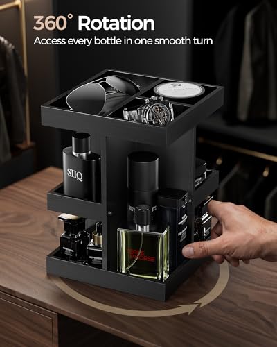 ProCase 3-Tier 360° Rotating Cologne Organizer for men, Large Capacity Wooden Countertop Display Rack for Bathroom & Dresser, Space-Saving Vanity Tray for Perfume & Skincare, Gifts for Him (Black) - color: Black