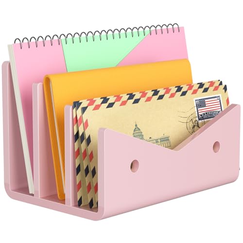 Mail Organizer Envelope Holder - 3 Compartments Pink Acrylic Mail Holder Countertop Vertical Desk Organizer Small File Bill Document Notebook Letter Sorter for Home School Office Supplies - color: Pink, size: 3 Compartments