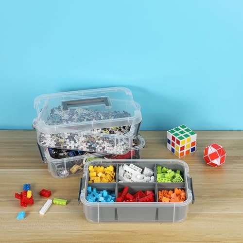 JUXYES 2 Pack 3-Tiers Stack Carry Storage Box With Divided Tray, Transparent Stackable Storage Bin With Handle Lid Latching Storage Container for School & Office Supplies, Dark Gray - color: Gray