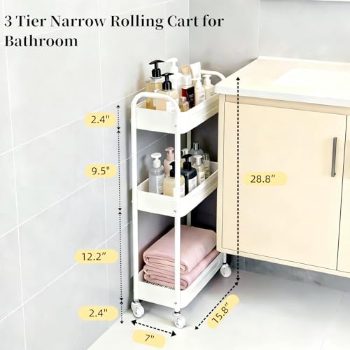 3 Tier Narrow Rolling Storage Cart for Laundry Room Bathroom Kitchen, 7.1'' Slim Utility Cart with Wheels and Lockable Casters Standing Shelf for Small Space & Between Washer and Dryer, White - color: White, size: 3 tier
