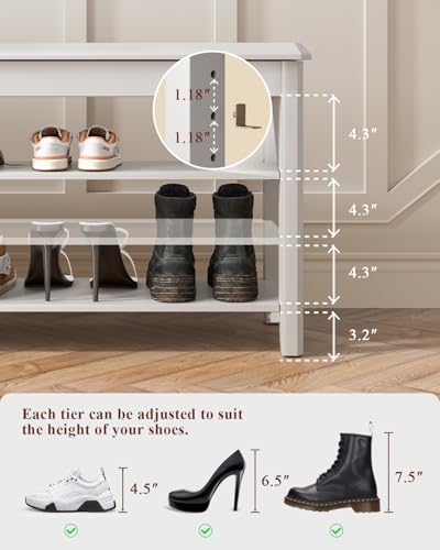 IUNVR Shoe Rack Bench Seat Rubberwood 3-Tier Wooden Storage Bench 550lbs Compact Mid-Century Modern Design for Entryway, Hallway, Closet, Front Door Entrance, Foyer - color: White-3 Tier(wood), size: 39.4"W x 11.8"D x 20.5"H