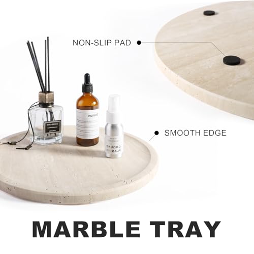 Travertine Tray, 11.8"x0.8" Round Serving Tray for Kitchen and Coffee Table, Bathroom Trays for Counter, Decorative Vanity Trays, Catchall Fruit and Snack, Light Beige Ottoman Tray - color: Light Beige