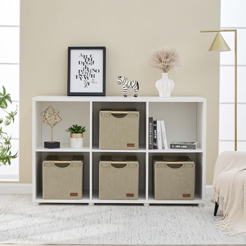 KAKAMAY Collapsible Cube Storage Bins 15x13x13 Inches Khaki 2-Pack, Foldable Storage Organizer Wooden Handles Fabric Baskets for Living Room Shelves, Bedroom Nursery Closet Toys, Clothes, Laundry - color: Khaki