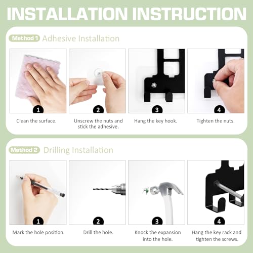 Key Holder Wall Mount, Metal Adhesive Key Hanger with 10 Hooks, 2 Installation Methods, Black - style: 10 Hooks