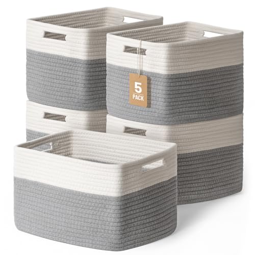 5 Pack Woven Storage Baskets for Shelves, Decorative Basket Closet Organizer Storage Bins for Clothes, Books, Pantry, Bathroom – Cotton Rope Shelf Baskets for Organizing and Decor, Gray & White - color: Gray & White