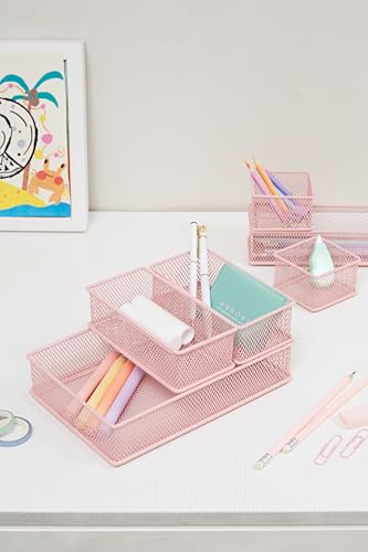 Annova Mesh Stackable Drawer Cabinet and Shelf Organizer Bins Storage Basket School Office Supply Holder Tray- Set of 2 (Light Pink, 6x6x2 Inch) - color: Light Pink, size: 6x6x2 Inch