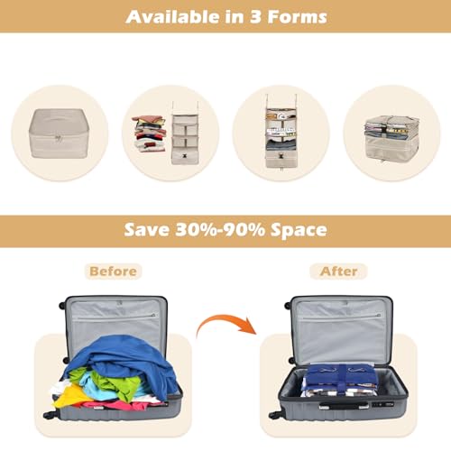 Surblue Hanging Closet Storage Bag Collapsible 3-Shelf Washable Oxford Fabric with 2 Hooks (L 11.41 * 11.41 * 19.68in, Beige) - color: Beige, size: L 11.41*11.41*19.68in