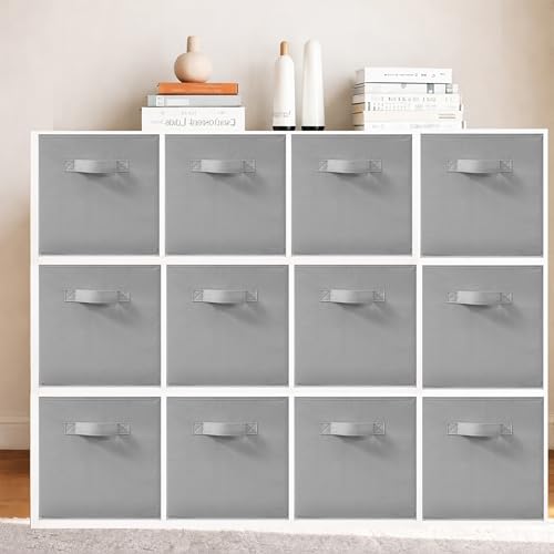 11 Inch Fabric Storage Bins, Storage Cubes, Collapsible Cube Storage Box, Fabric Closet Organizers with Handle for Home, Office, Shelf, Closets, Bedroom, Living Room, Grey, 12 Pack - size: 12 PACK