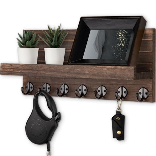 Lwenki Key Holder Wall Mount, Entryway Key and Mail Holder with 7 Sturdy Hooks for Sunglasses, Dog Leash, Decorative Wall Shelf with Mounting Hardware, 15”W x 6.7”H x 4.2”D (Brown) - color: Brown
