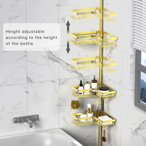 KEGII Corner Gold Shower Caddy Tension Pole - 4-Tier Rustproof Shower Rod Organizer, Floor to Ceiling Tension Rod 25-114.2 inch, Stainless Steel Corner Shower Shelf, Waterproof - style: Tension Caddy - Gold
