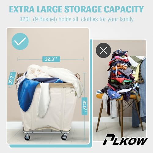 PLKOW Laundry Cart with Wheels 320L Large Rolling Laundry Cart for Commercial/Home, Rolling Laundry Basket with Steel Frame and Waterproof Lining, 9 Bushel, 32.3L x 19.7W x 30.7H Inch, Beige - color: Beige-320L