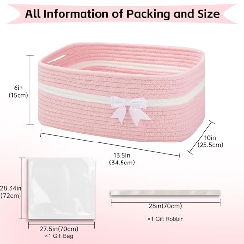OIAHOMY Large Woven Storage Basket with Handles for Nursery Living Room Shelves, Bow Basket for Gifts Empty with Gift Bags and Ribbons for Baby Showers Pet Toy Bin - Pink - color: Pink