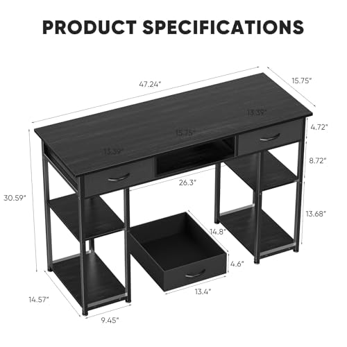 DUMOS 48" Small Computer Home Office Desk for Bedroom with Drawers, Gaming Writing Study Table with Storage Shelf, Adjustable Feet, Metal Frame Black - color: Black, size: 48-In