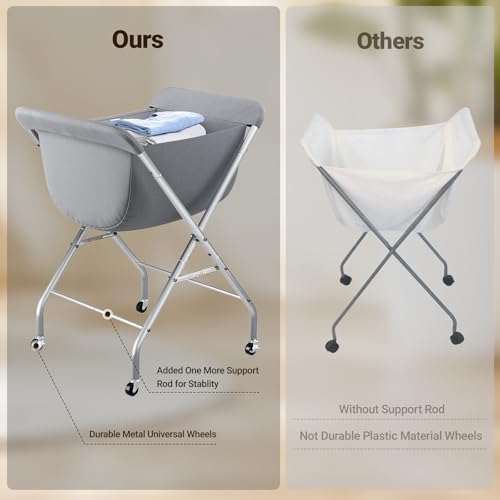 ELYKEN Laundry Cart with Wheels, 33”H Easy Rolling Laundry Hamper with Removable Liner Bag, Sturdy Metal Frame Clothes Basket with 4 Casters and 2 Brakes - color: Gray, size: 25.6"L x 22"W x 33"H