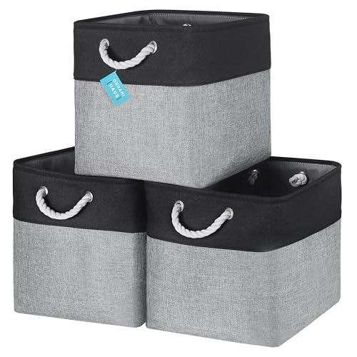 OrganiHaus 13x13 Cube Storage Bins 3 Pack, Foldable Cube Storage Organizer w/ Rope Handles, Collapsible Fabric Bins for Toys, Clothes & Closet Organization, Fabric Square Baskets - Gray/Black - color: Gray Base / Black, size: 3 pcs (13x13)