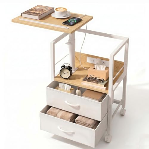 Faesun Swivel Lift Top Nightstand with Charging Station, Rolling Side Table for Recliner, Bedside Table with Wheels & 2 Fabric Drawers, for Small Spaces, for Bedroom, Living Room, Oak White - color: Oak White, size: 2 Drawers