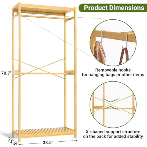 Homykic Bamboo Clothes Rack with Shelves and Double Hang Rods, Portable Closet System Garment Rack for Hanging Clothes, Tall Clothing Rack Corner Closet Organizer, Easy to Built, Natural - color: Natural, size: Standard
