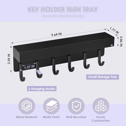VIS'V Key Holder Wall Mount, Compact Adhesive Key Rack with Tray, 6 Hooks, 2 Mount Options, Black - color: Black