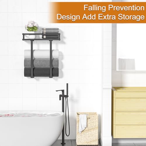 Towel Racks for Bathroom Wall Mounted, Xstydes Metal Towel Holder with Wooden Shelf for Folding Large Towels, Towel Storage for Small Bathroom Organizer Decor or RV Camping, Black - color: Black, size: Small