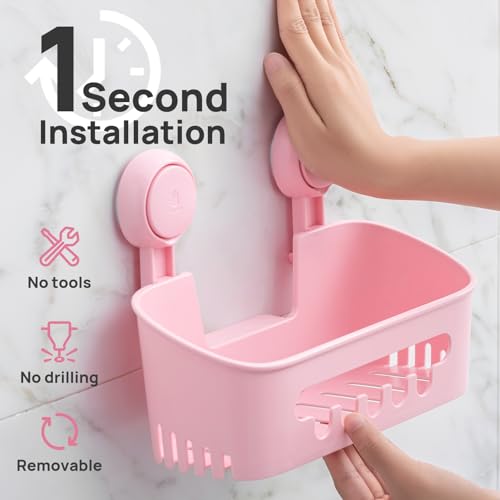 LEVERLOC Shower Caddy Suction Cup 2 Pack, Shower Organizer Removable Bathroom Shelf, Storage for Inside Shower Powerful Suction Max Hold 22lbs Waterproof Holder, Pink - color: pink, size: 2 x Medium